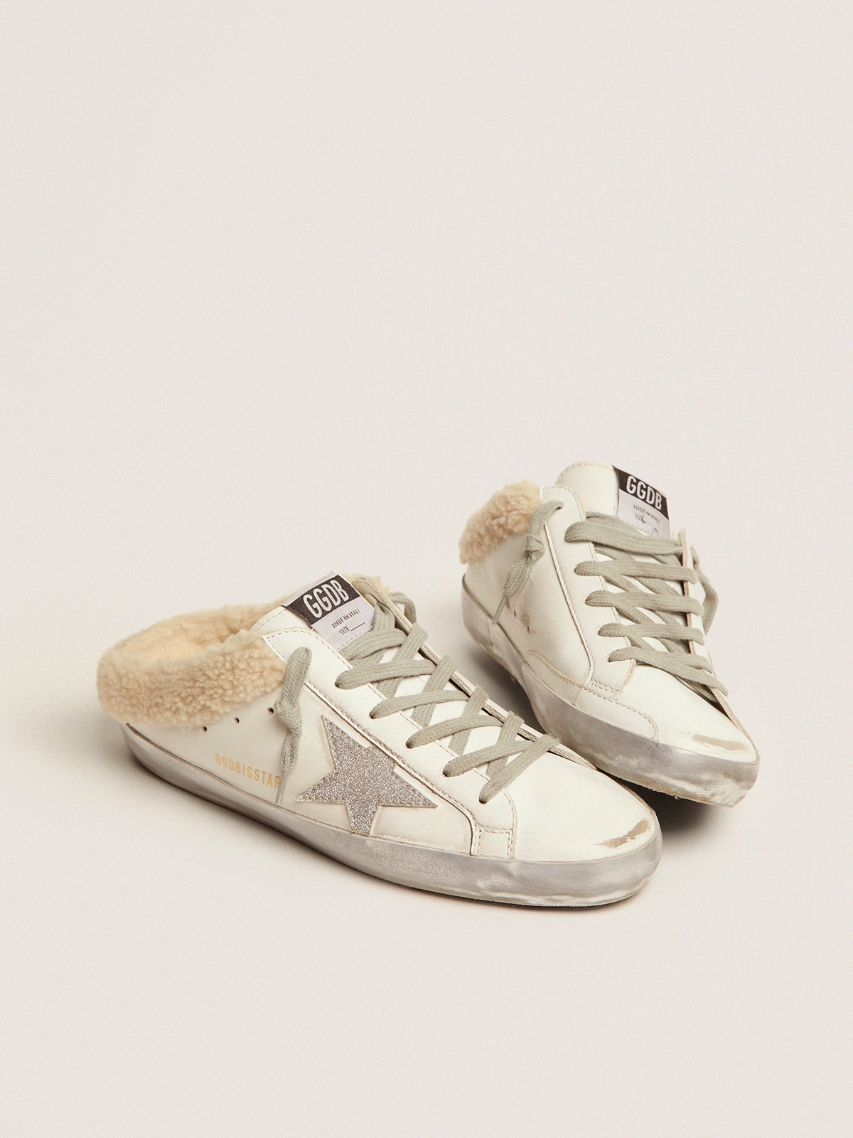 Super-Star Sabot en cuir blanc avec doublure en shearling