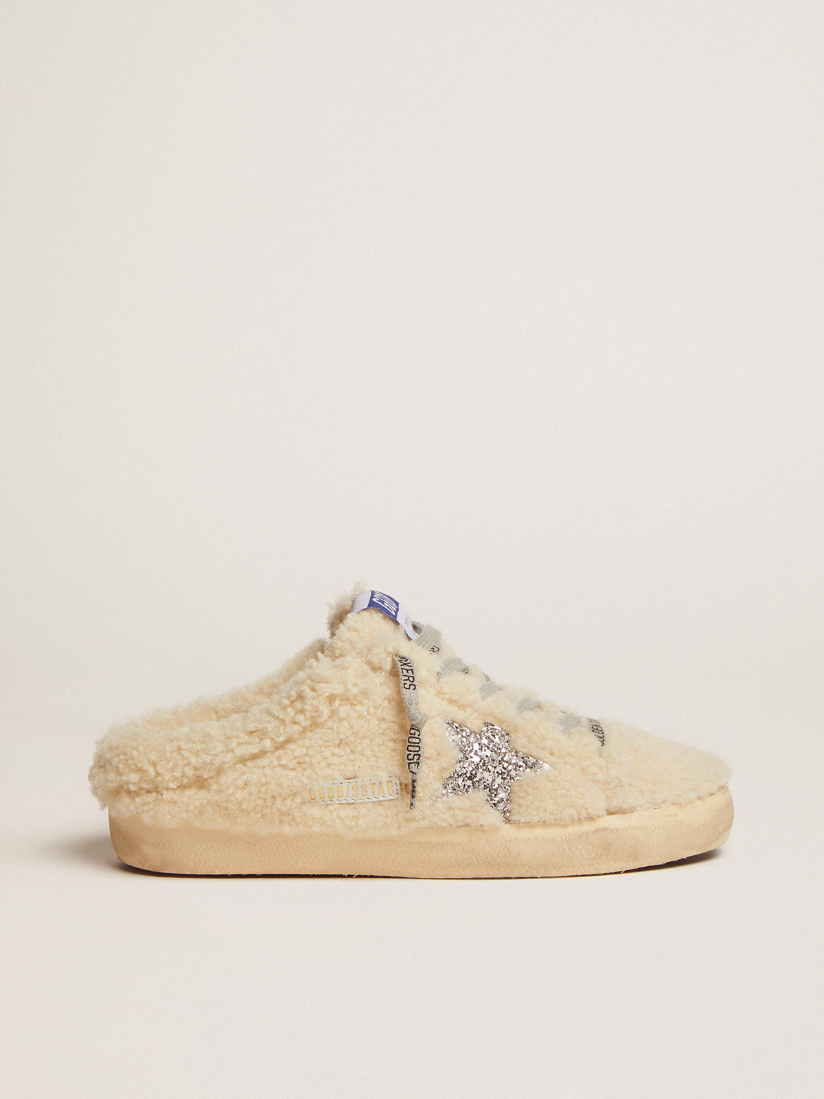 Mules Super-Star femme en shearling blanc et étoile à paillettes