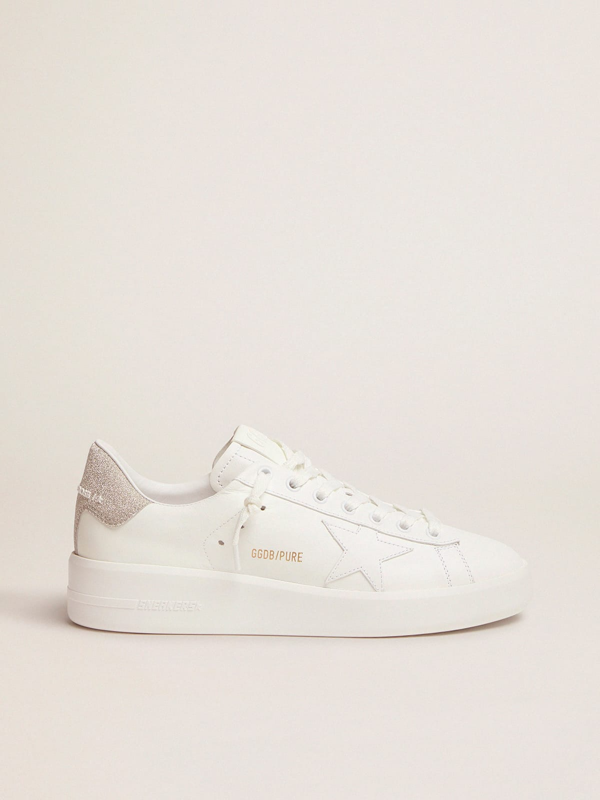 Sneakers Purestar en cuir blanc et contrefort à paillettes champagne