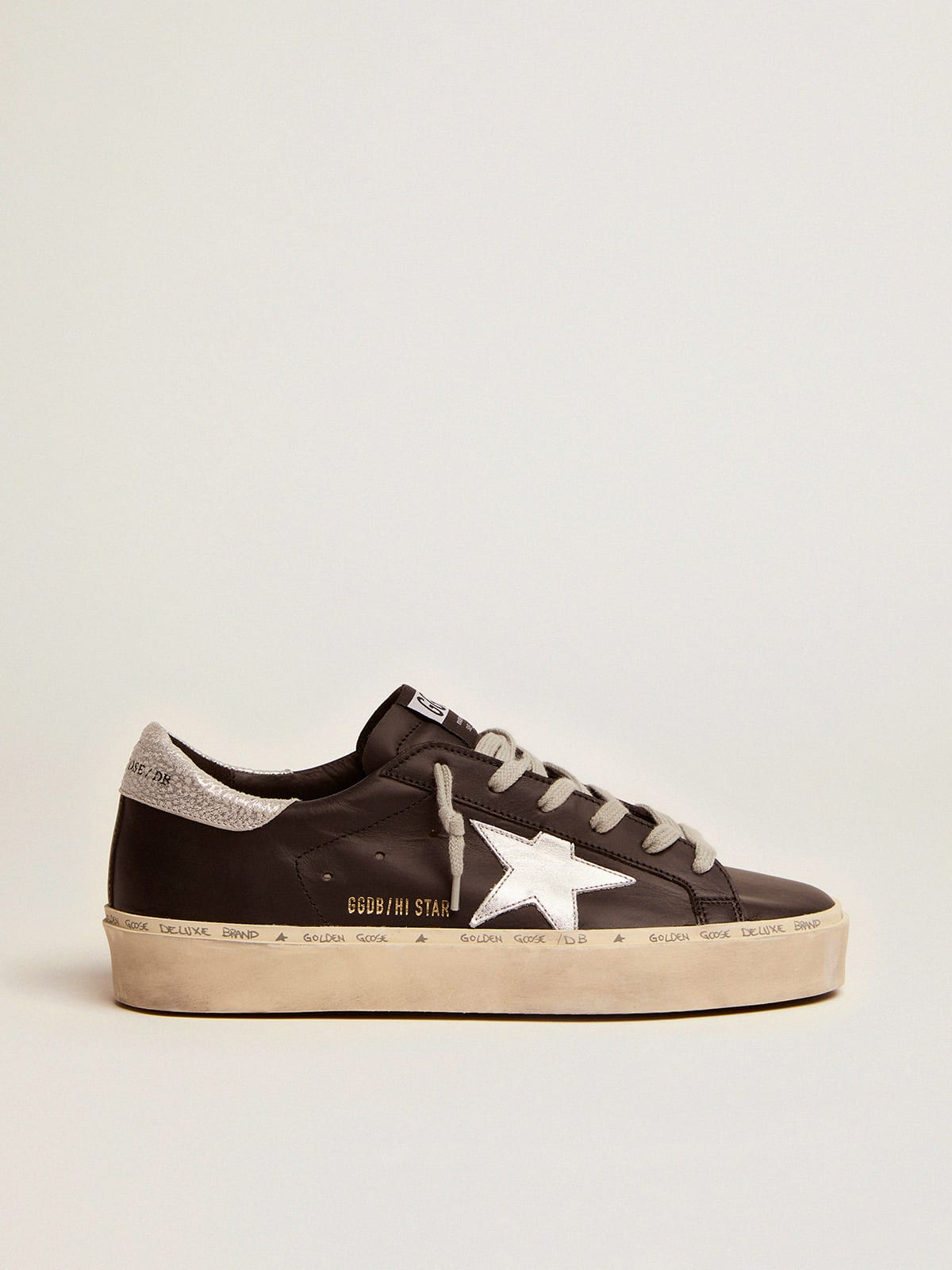 Hi Star femme en cuir noir avec étoile en cuir lamé argenté