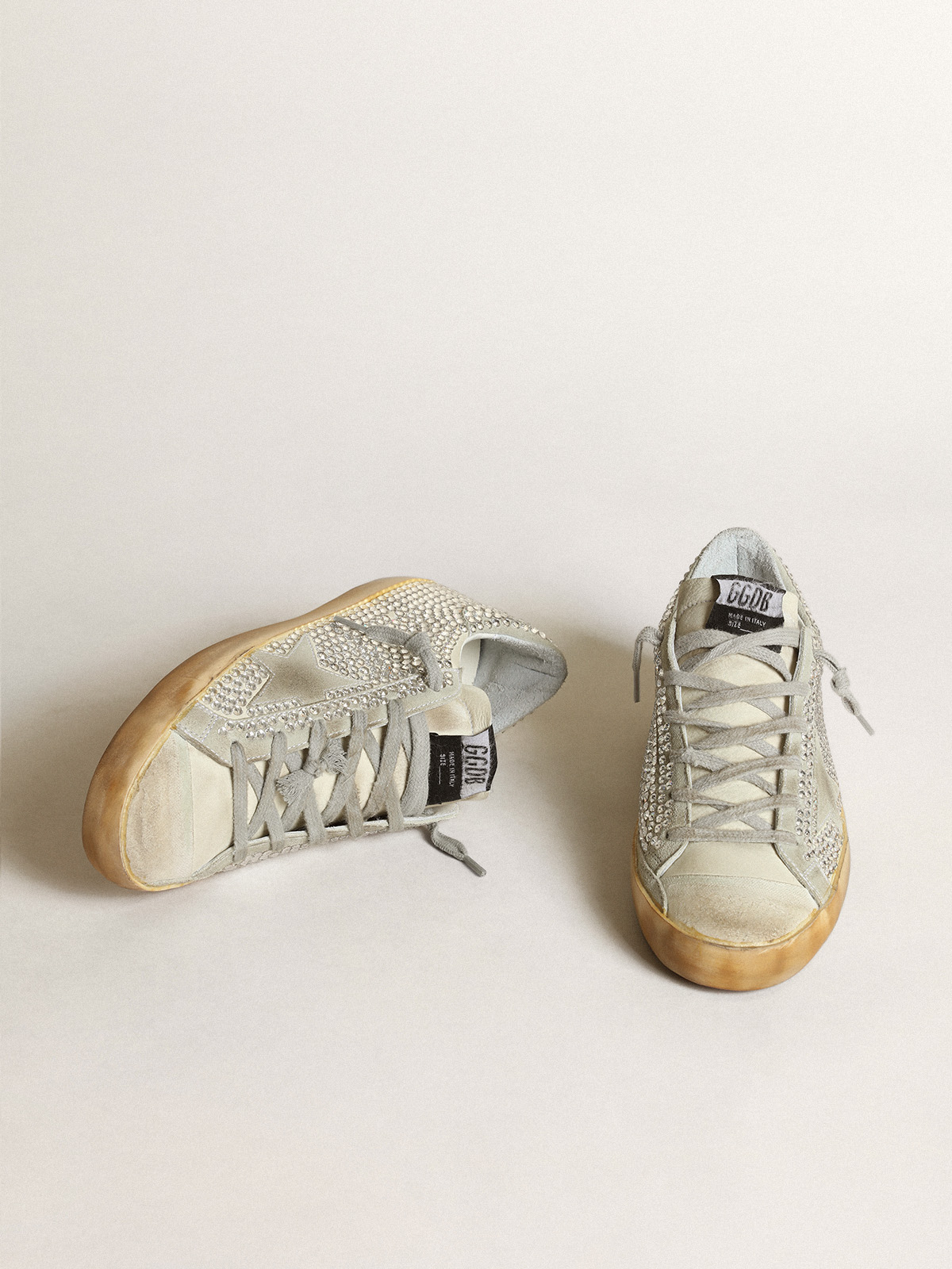 Super-Star femme en nubuck blanc cassé et cristaux argentés